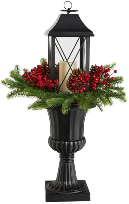 33" Holiday Foliage Large Lantern Artificial Porch Décor with LED Candle in Green/Red by Bellanest