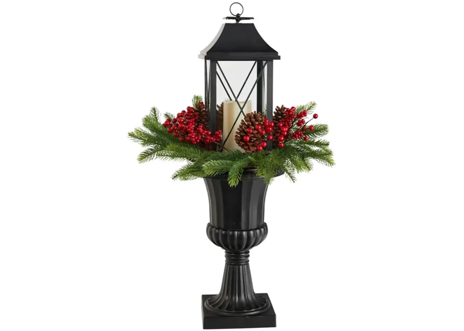 33" Holiday Foliage Large Lantern Artificial Porch Décor with LED Candle in Green/Red by Bellanest