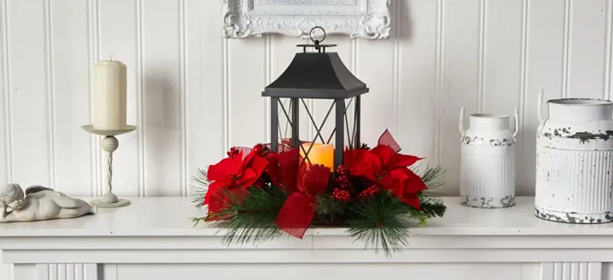 15" Holiday Foliage Lantern Artificial Arrangement with LED Candle