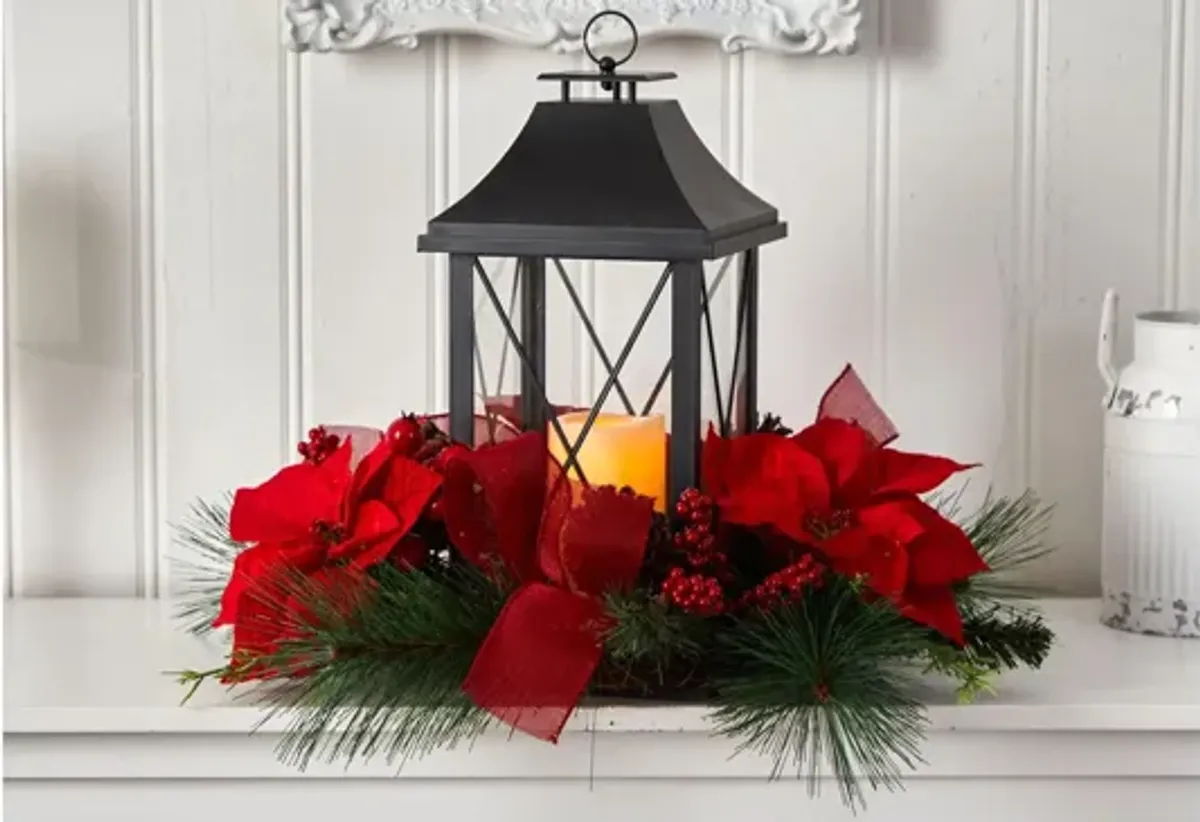 15" Holiday Foliage Lantern Artificial Arrangement with LED Candle