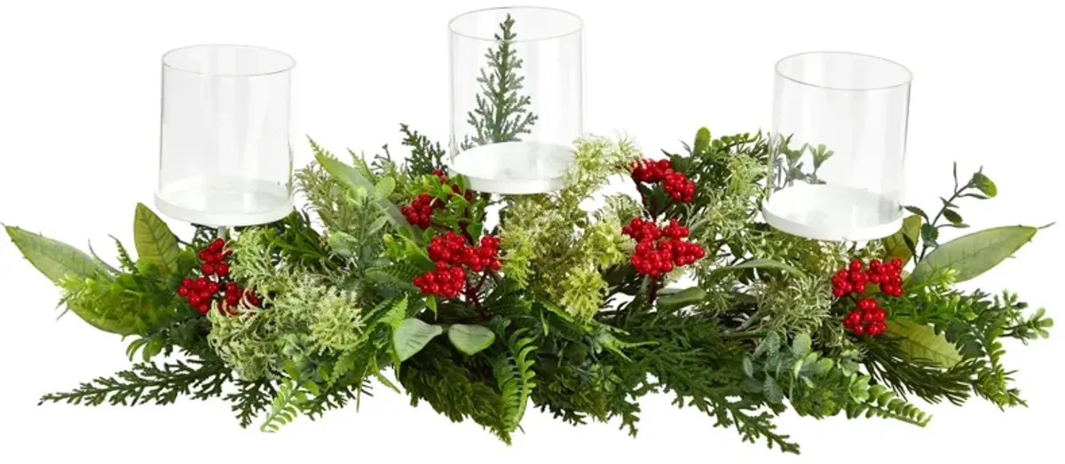 20" Holiday Foliage Candle Holder Artificial Arrangement in Green/Red by Bellanest