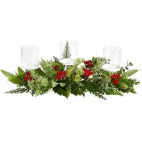 20" Holiday Foliage Candle Holder Artificial Arrangement in Green/Red by Bellanest
