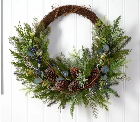 30" Holiday Foliage Artificial Twig Wreath in Green by Bellanest