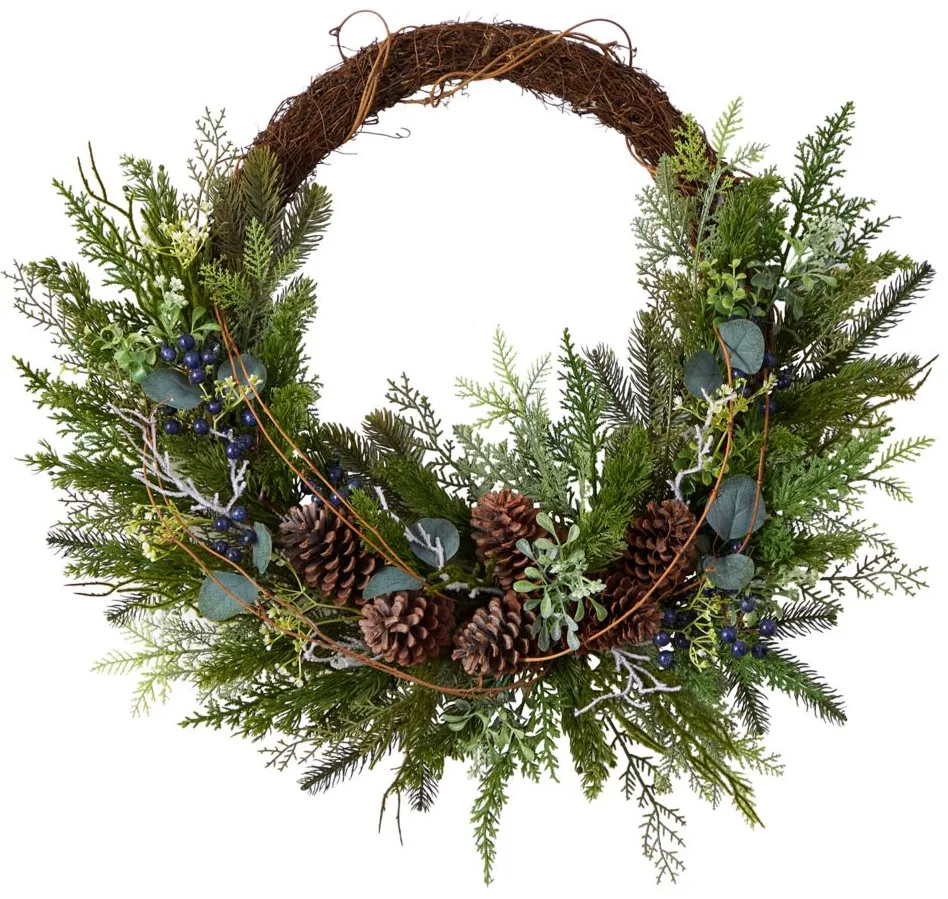30" Holiday Foliage Artificial Twig Wreath in Green by Bellanest