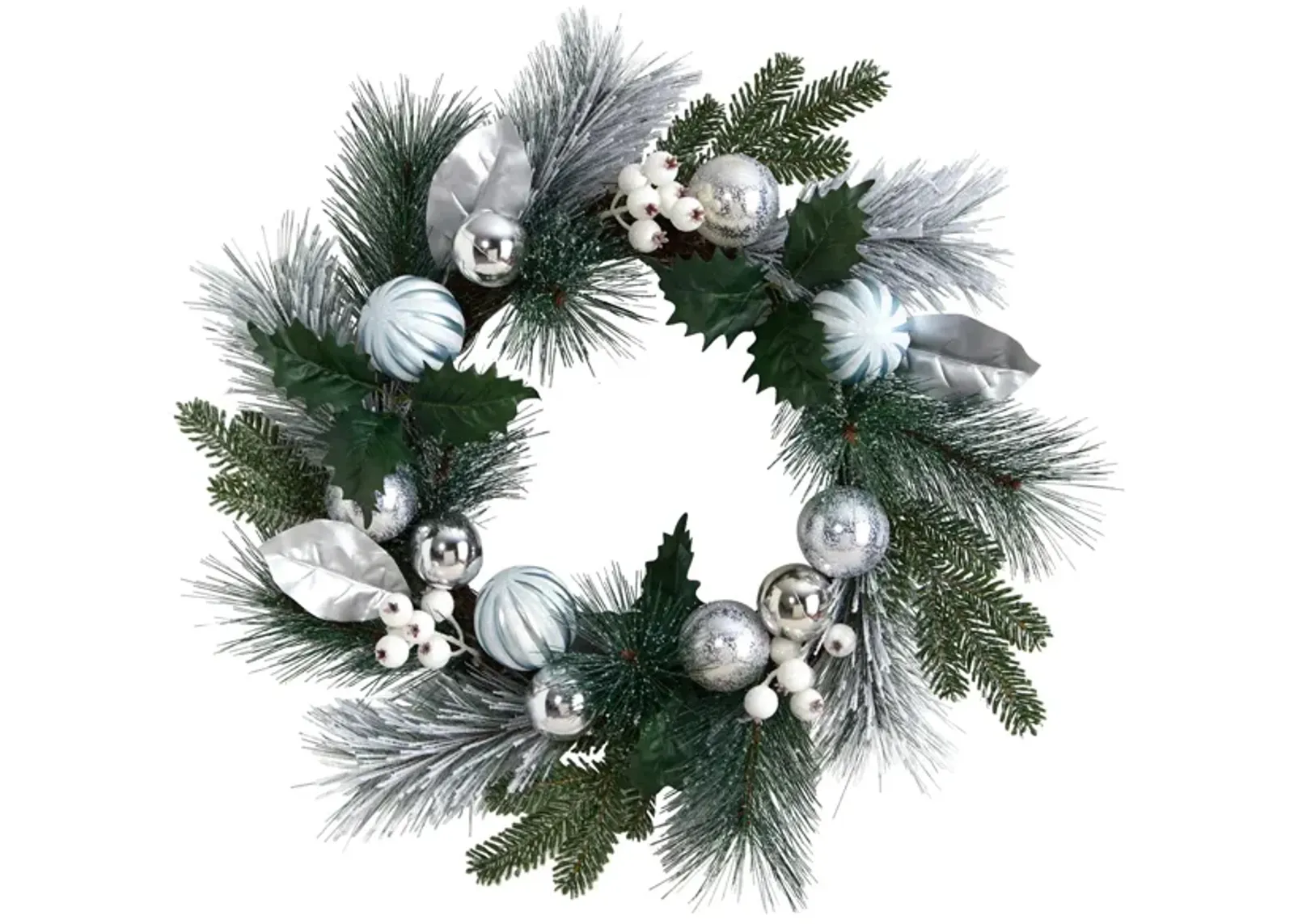 24" Holiday Foliage Artificial Wreath with Silver Ornaments