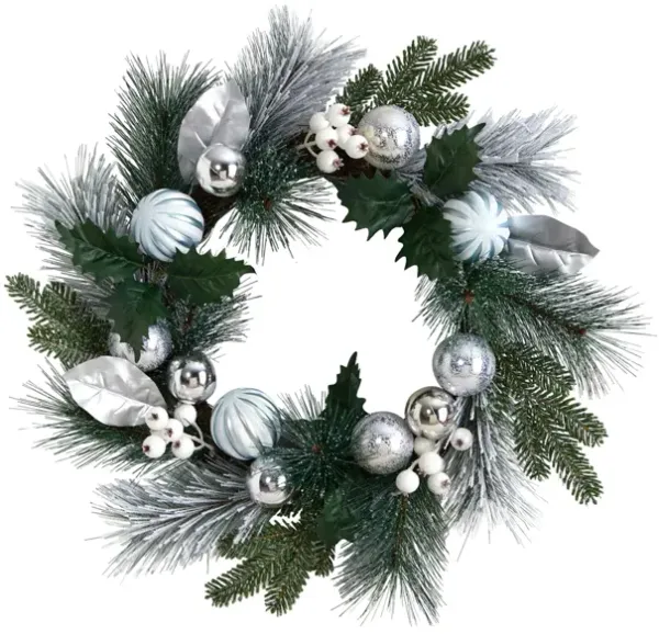 24" Holiday Foliage Artificial Wreath with Silver Ornaments