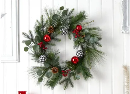 24" Holiday Foliage Artificial Wreath with Ornaments in Green by Bellanest