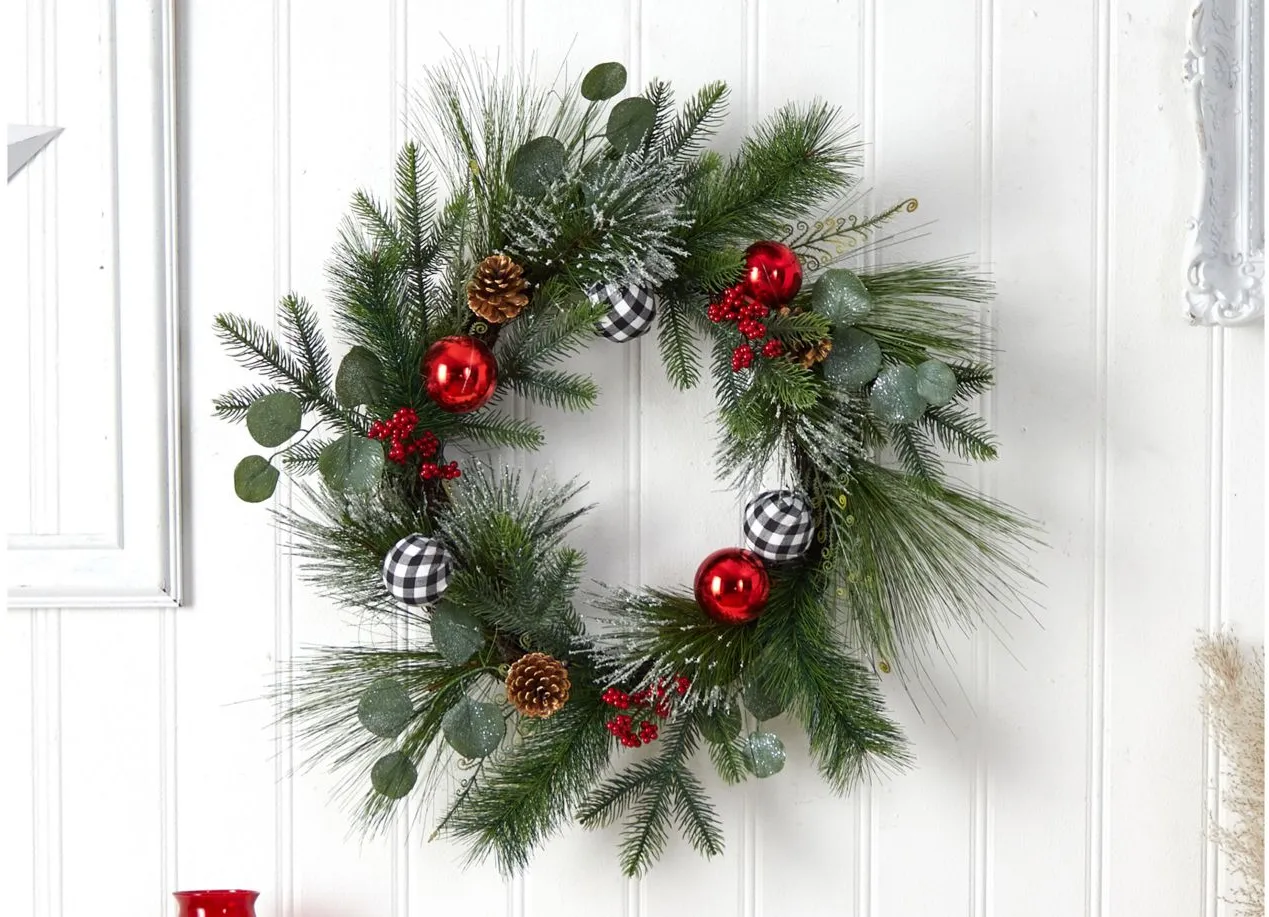 24" Holiday Foliage Artificial Wreath with Ornaments in Green by Bellanest