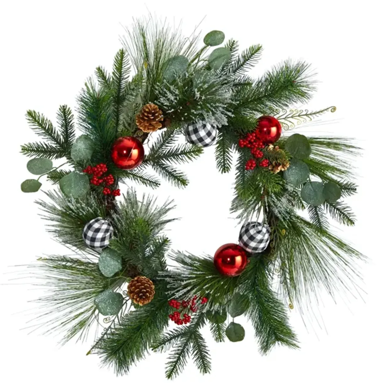 24" Holiday Foliage Artificial Wreath with Ornaments in Green by Bellanest