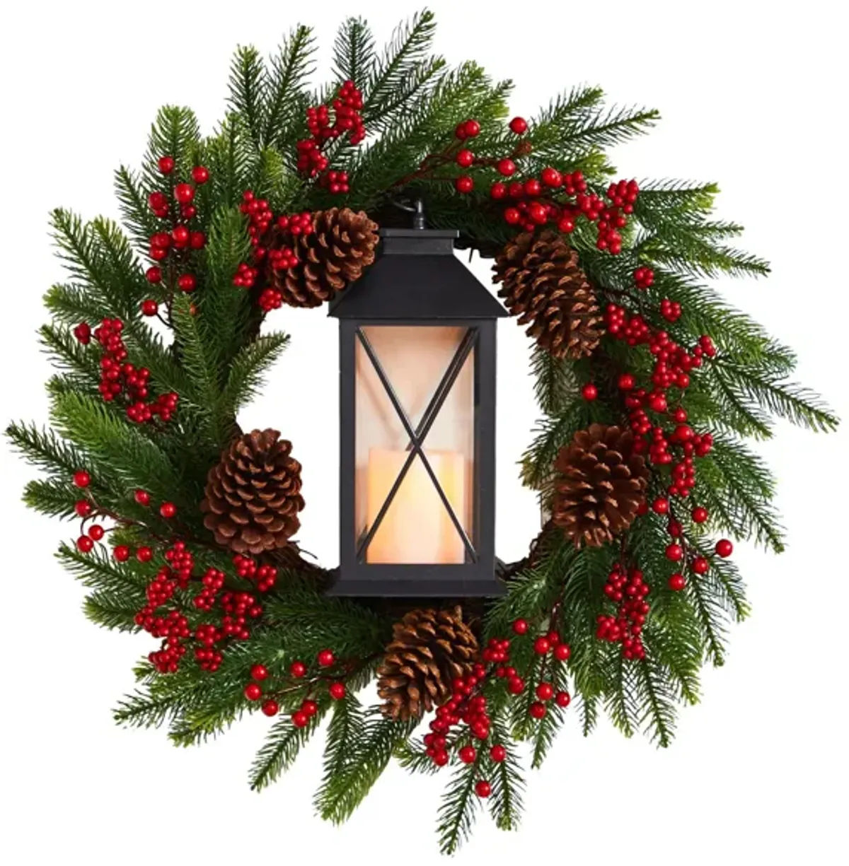 28" Holiday Foliage Artificial Wreath with Lantern and LED Candle in Green by Bellanest