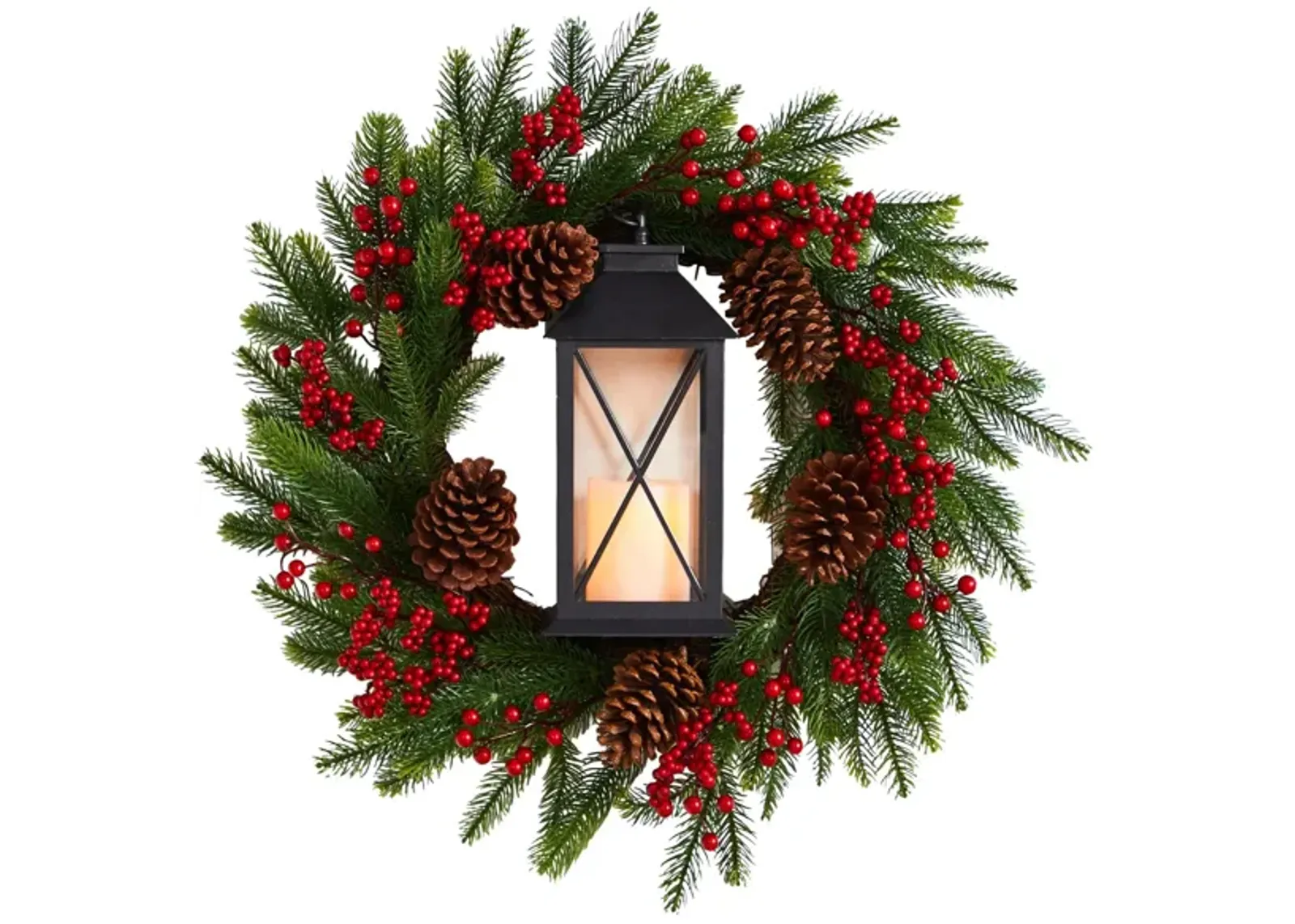 28" Holiday Foliage Artificial Wreath with Lantern and LED Candle in Green by Bellanest