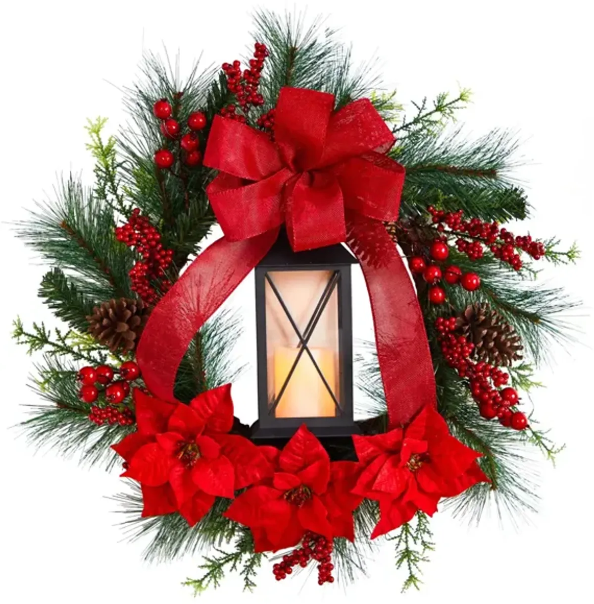 28" Holiday Foliage Artificial Wreath with Lantern and LED Candle in Red by Bellanest