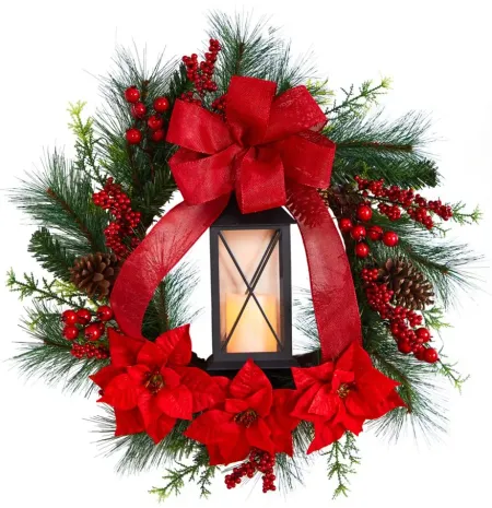 28" Holiday Foliage Artificial Wreath with Lantern and LED Candle in Red by Bellanest