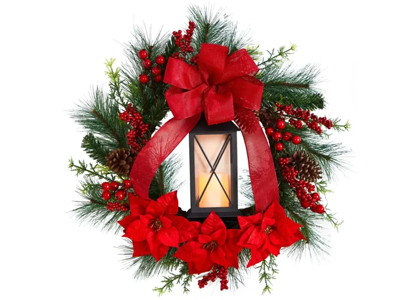 28" Holiday Foliage Artificial Wreath with Lantern and LED Candle in Red by Bellanest