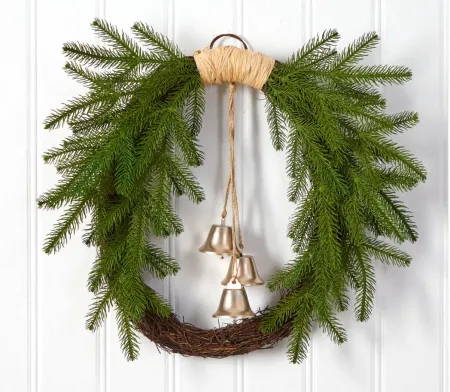 24" Holiday Foliage with Hanging Bells Artificial Wreath in Green by Bellanest