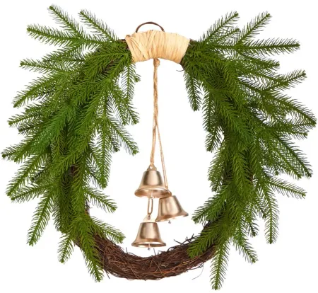 24" Holiday Foliage with Hanging Bells Artificial Wreath in Green by Bellanest