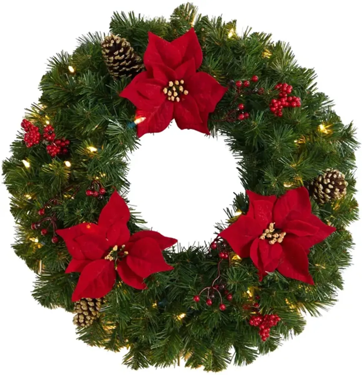 24" Holiday Foliage Artificial Wreath with Warm White LED Lights in Green by Bellanest