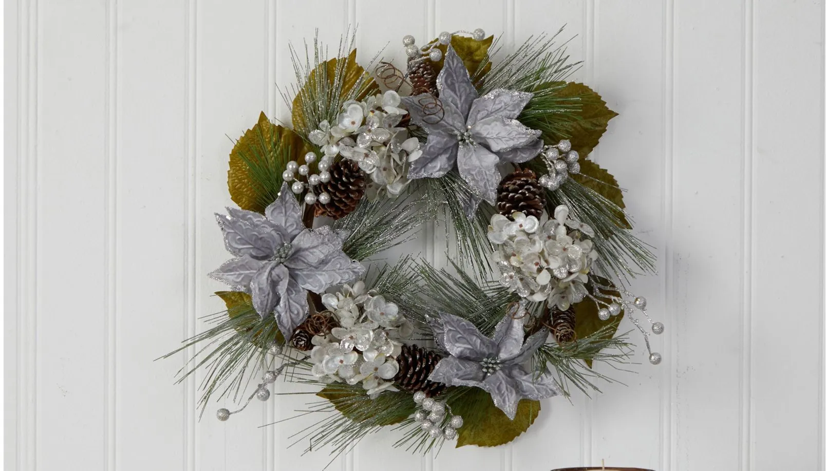 24" Silver Holiday Foliage Artificial Wreath in Silver by Bellanest