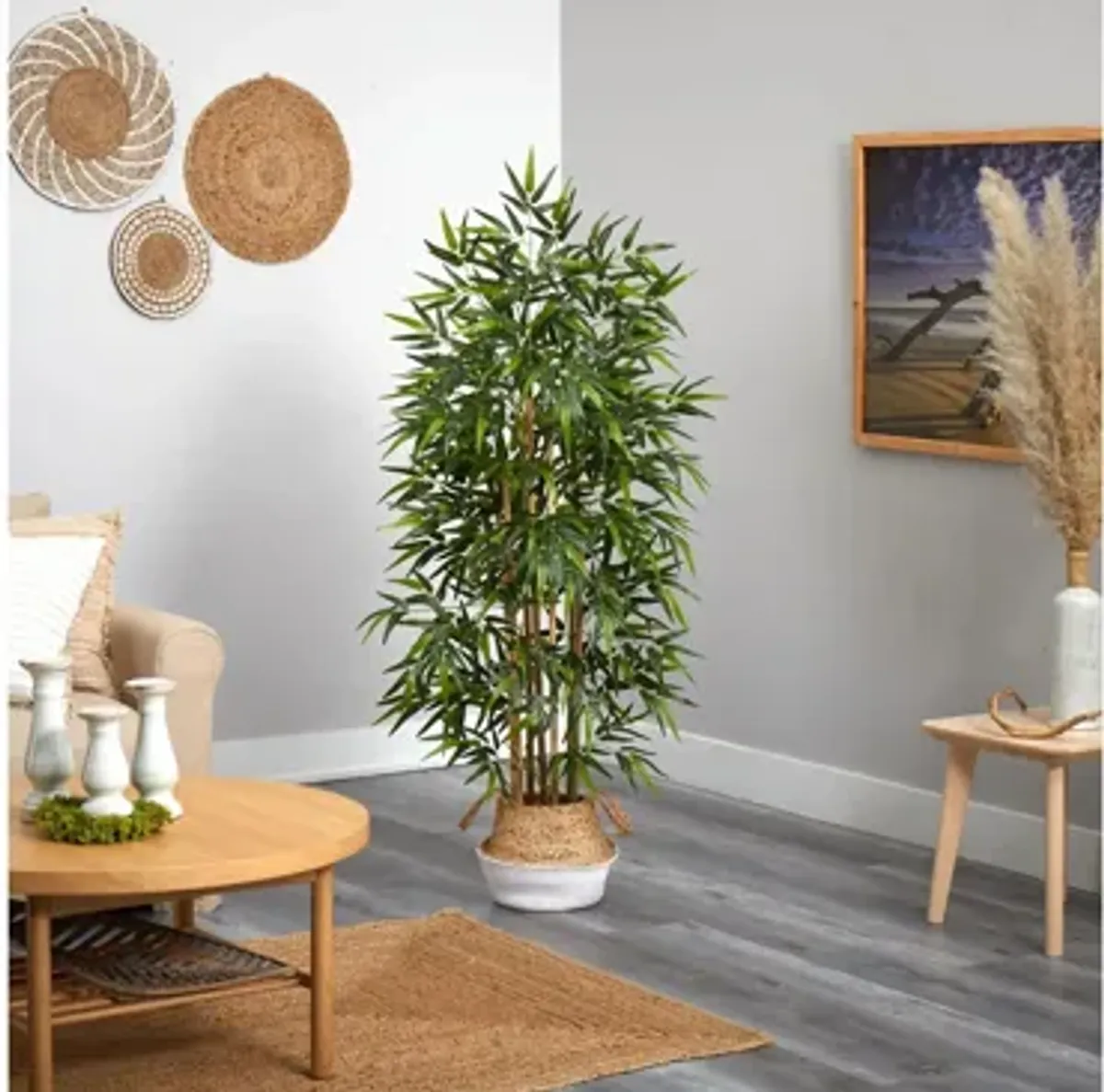 64" Bamboo Artificial Tree in White Woven Planter