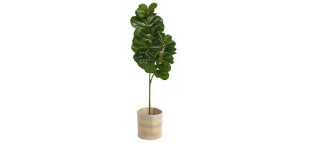 5.5' Fiddle Leaf Fig Artificial Tree in Multicolored Planter in Green by Bellanest