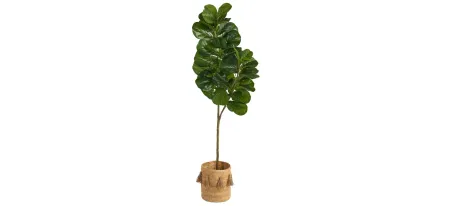 5.5' Fiddle Leaf Fig Artificial Tree in Planter with Tassels in Green by Bellanest