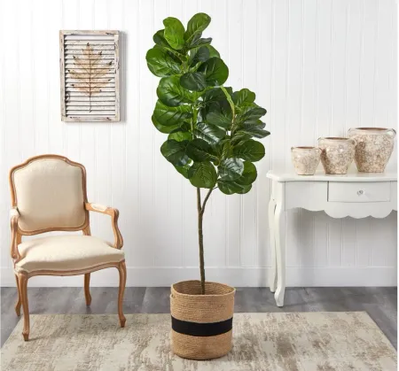 5.5' Fiddle Leaf Fig Artificial Tree in Cotton Planter in Green by Bellanest