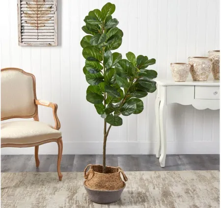 4.5' Fiddle Leaf Fig Artificial Tree with in Woven Planter in Green by Bellanest