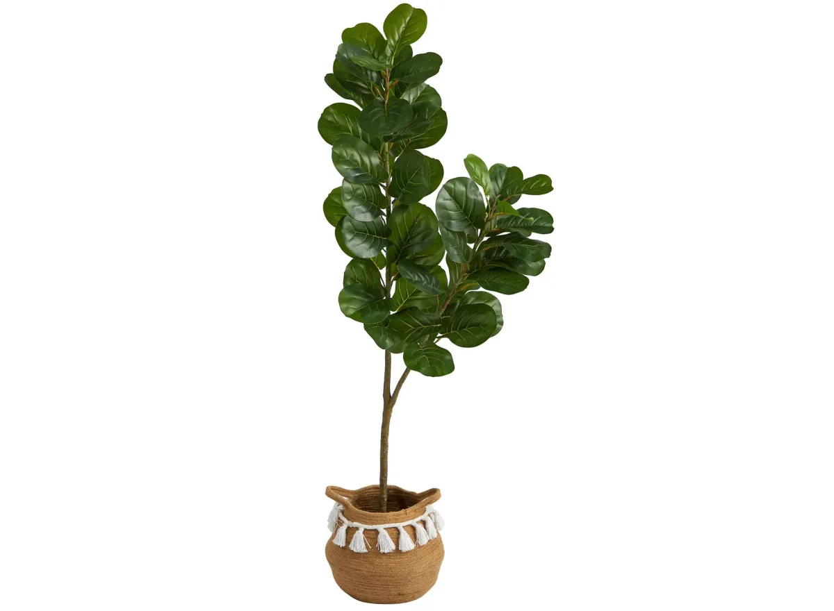 4.5' Fiddle Leaf Fig Artificial Tree in Planter with Tassels in Green by Bellanest