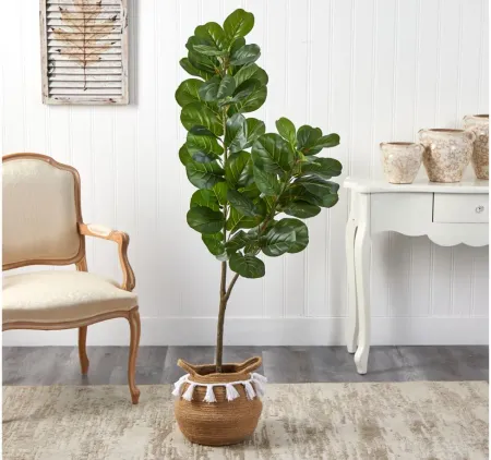 4.5' Fiddle Leaf Fig Artificial Tree in Planter with Tassels in Green by Bellanest