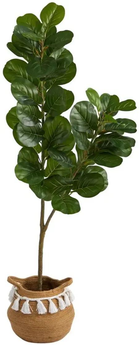 4.5' Fiddle Leaf Fig Artificial Tree in Planter with Tassels in Green by Bellanest