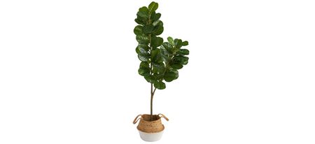 4.5' Fiddle Leaf Fig Artificial Tree in Woven Planter in Green by Bellanest
