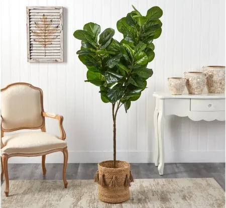 6' Fiddle Leaf Fig Artificial Tree in Planter with Tassels in Green by Bellanest