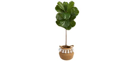 4' Indoor/Outdoor Fiddle Leaf Artificial Tree in Planter with Tassels in Green by Bellanest