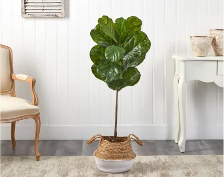 4' Indoor/Outdoor Fiddle Leaf Artificial Tree in Woven Planter in Green by Bellanest