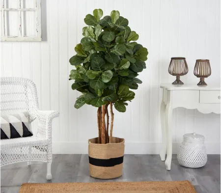 5' Fiddle Leaf Fig Artificial Tree in Cotton Planter in Green by Bellanest