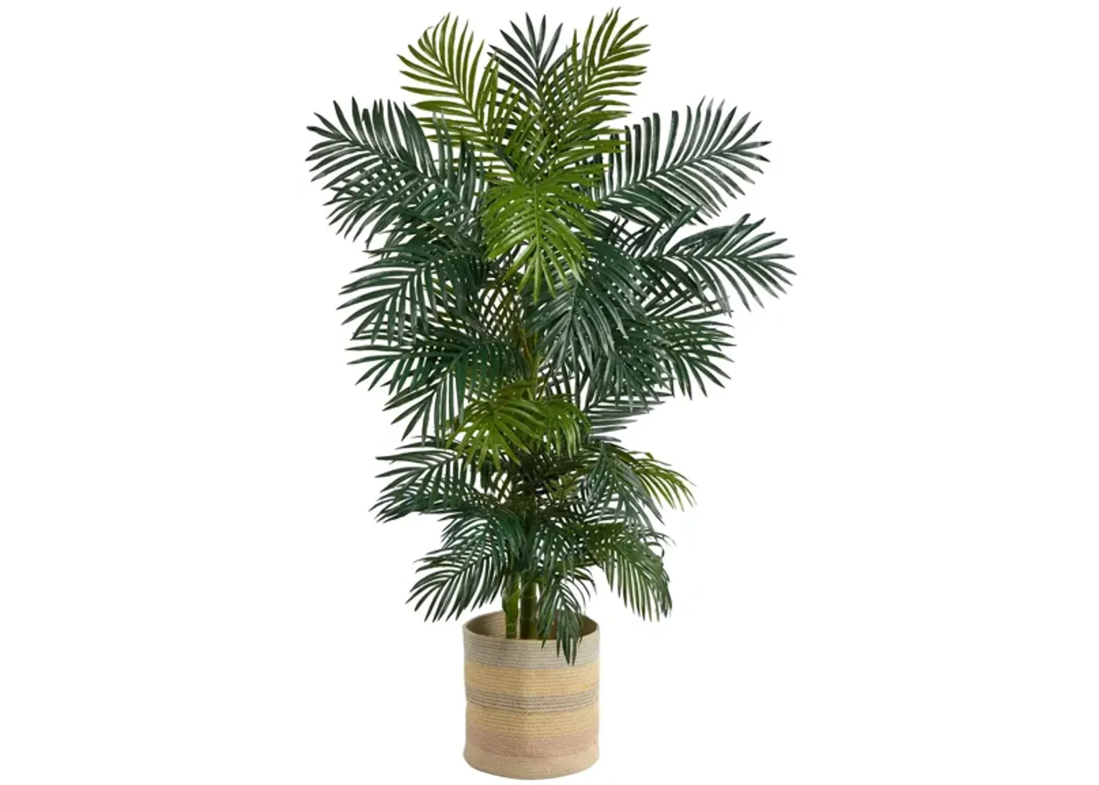 6.5' Golden Cane Artificial Palm Tree in Multicolored Woven Planter in Green by Bellanest