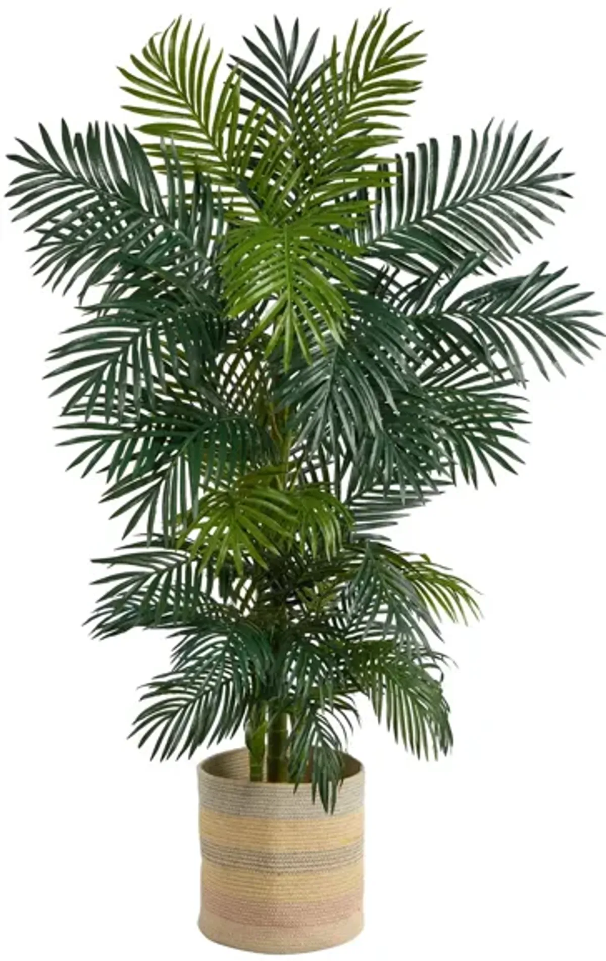 6.5' Golden Cane Artificial Palm Tree in Multicolored Woven Planter in Green by Bellanest