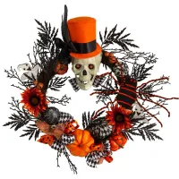 Crisp 30" Spider and Top Hat Skull Wreath in Orange by Bellanest