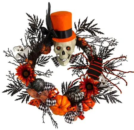 Crisp 30" Spider and Top Hat Skull Wreath in Orange by Bellanest