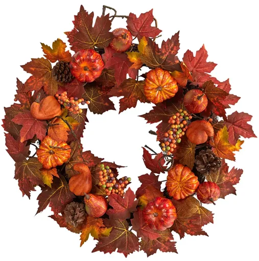 Crisp 24" Maple Leaves and Pumpkin Wreath in Orange by Bellanest