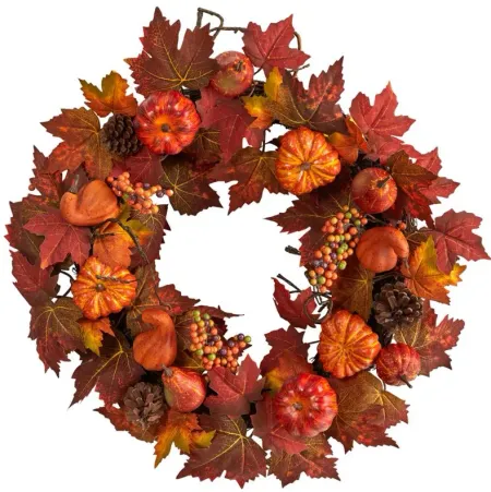 Crisp 24" Maple Leaves and Pumpkin Wreath in Orange by Bellanest