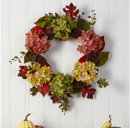 Crisp 25" Hydrangea and Pinecones Wreath in Multicolor by Bellanest