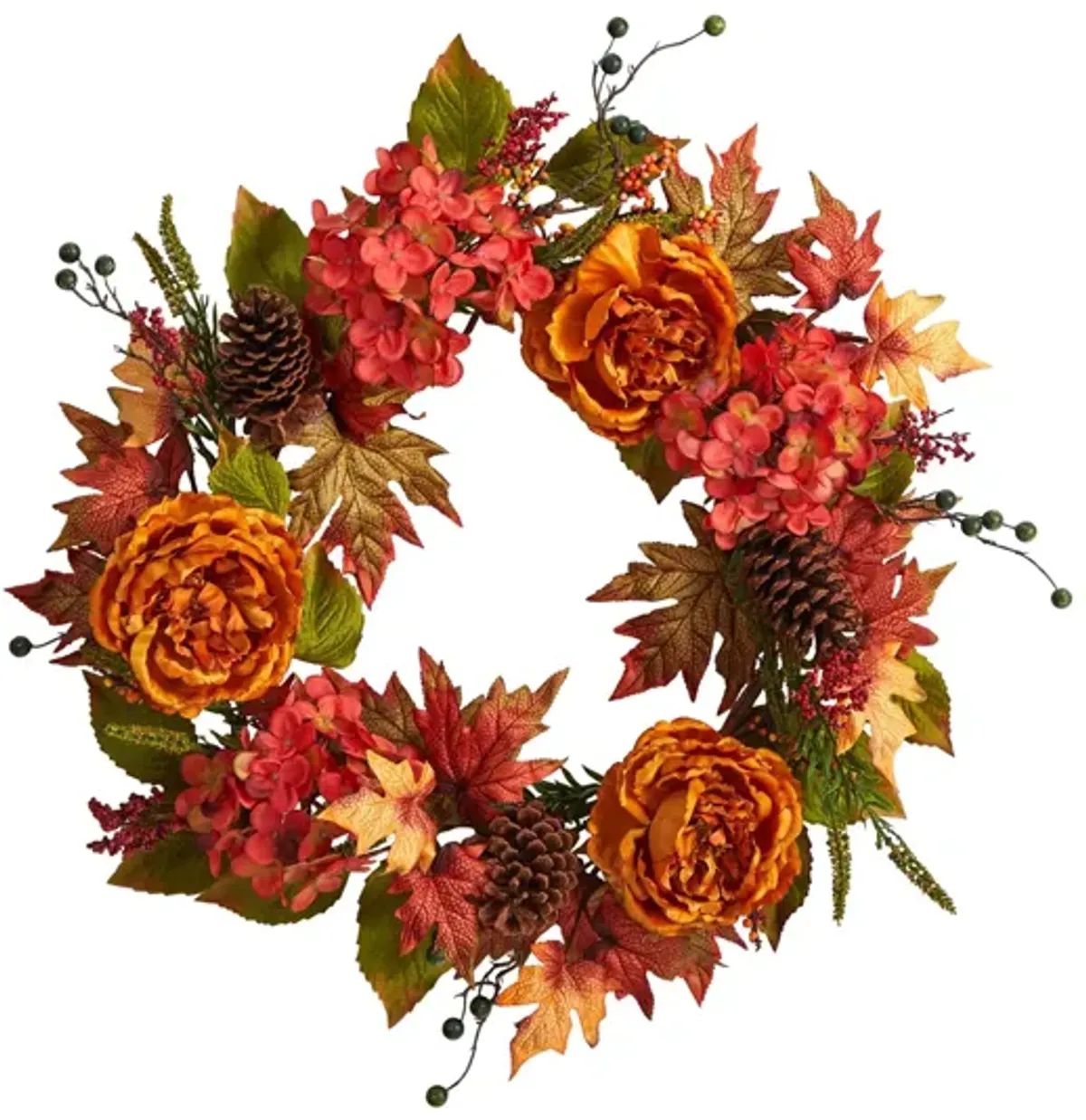 Crisp 25" Ranunculus and Hydrangea Wreath in Orange by Bellanest