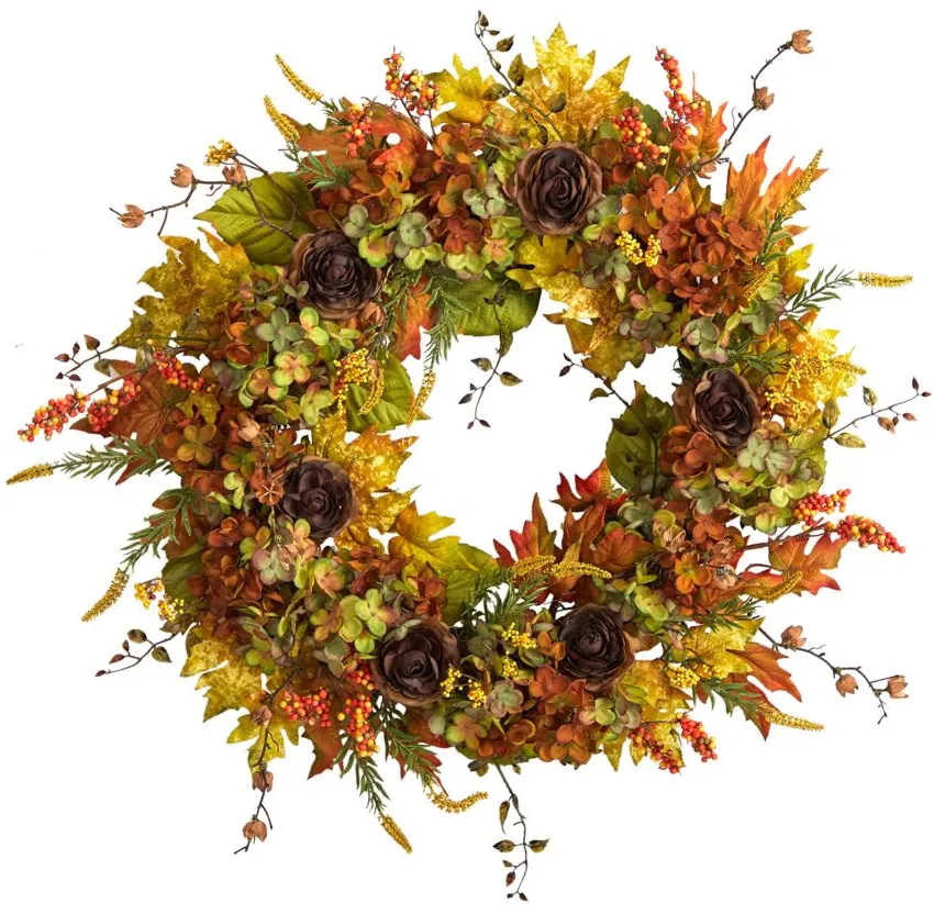 Crisp 32" Hydrangea and Maple Leaf Wreath in Orange by Bellanest