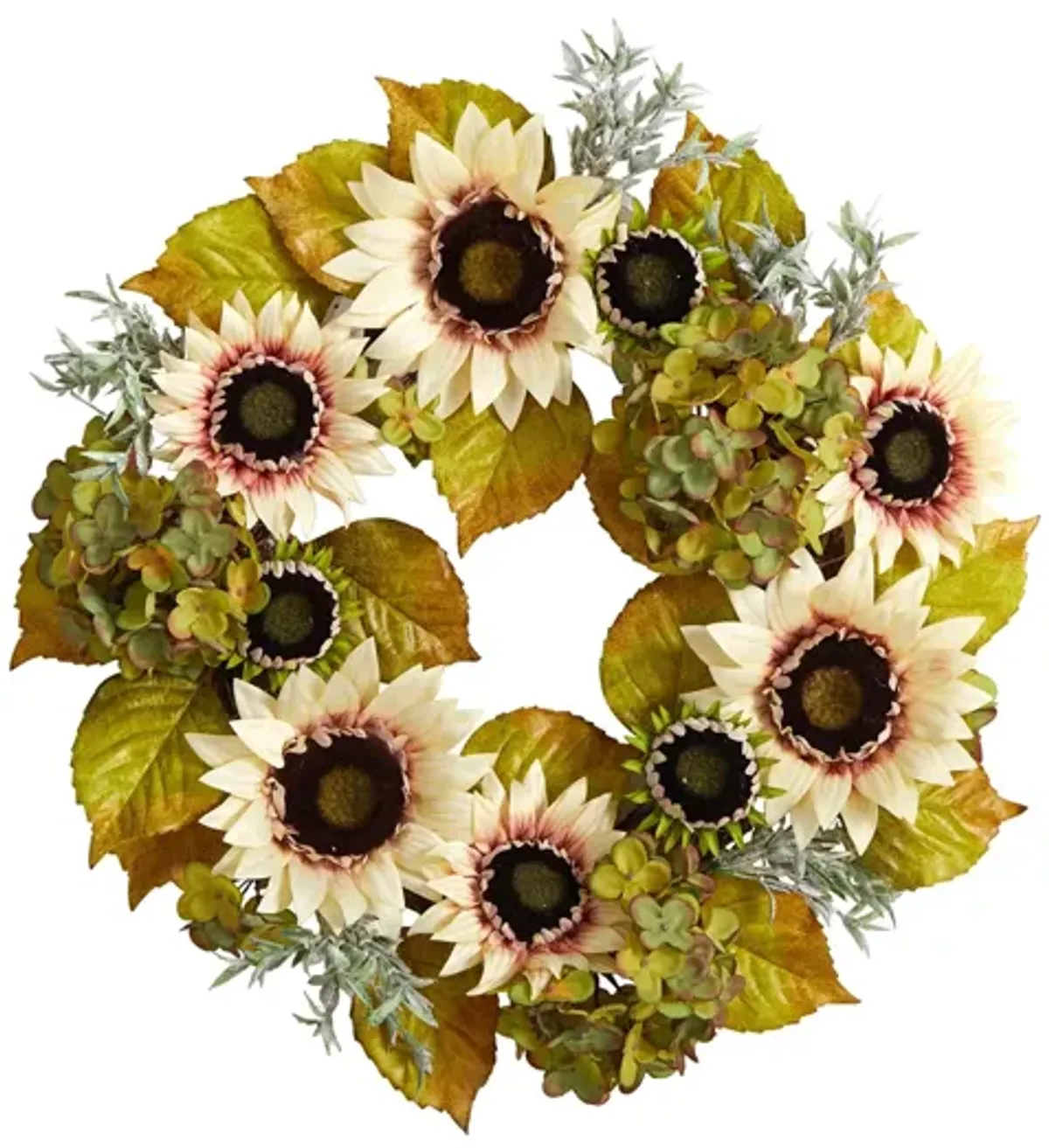 Crisp 24" Sunflower and Hydrangea Wreath in Green by Bellanest