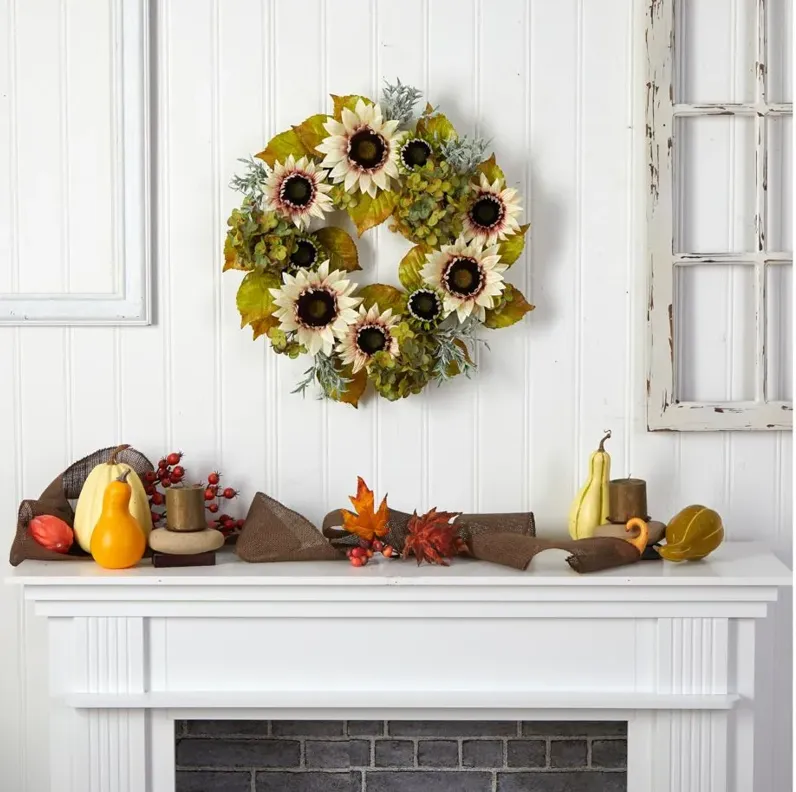 Crisp 24" Sunflower and Hydrangea Wreath in Green by Bellanest