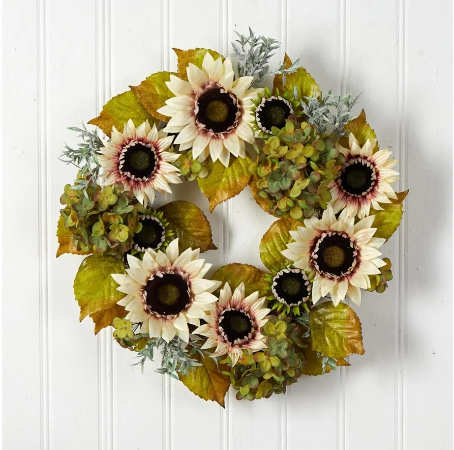 Crisp 24" Sunflower and Hydrangea Wreath in Green by Bellanest