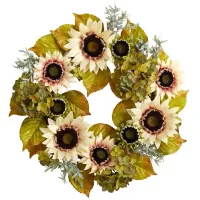 Crisp 24" Sunflower and Hydrangea Wreath in Green by Bellanest