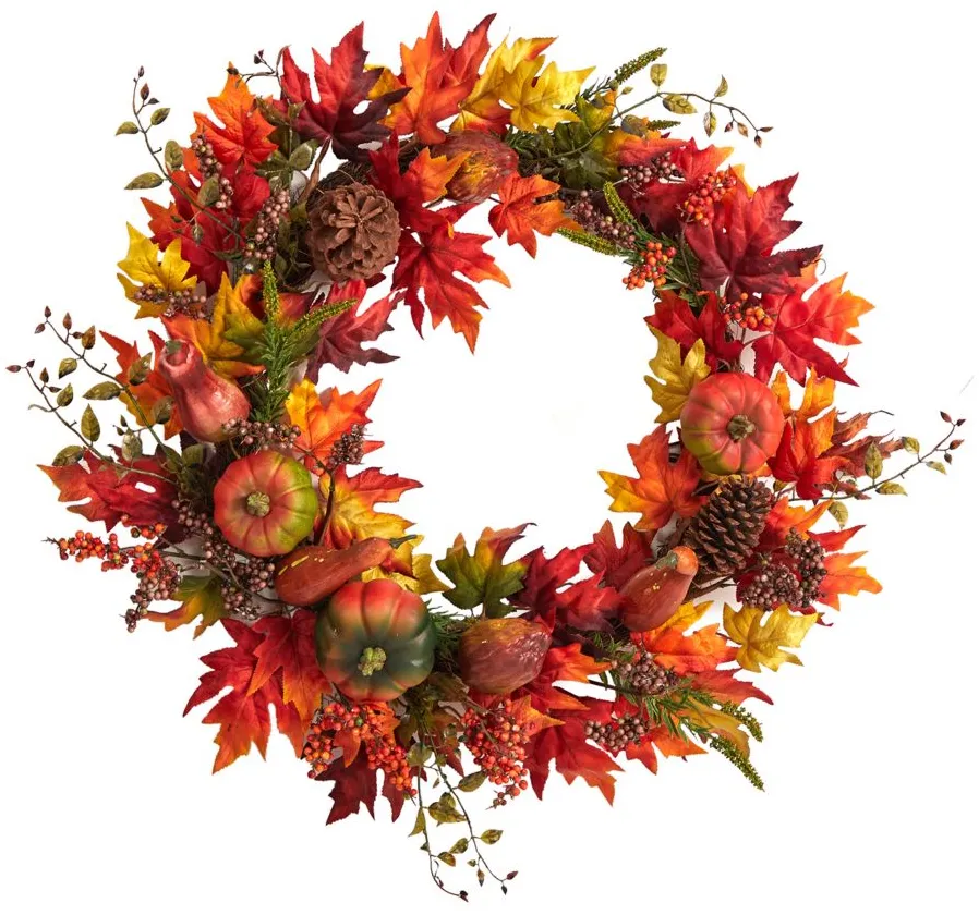 Crisp 32" Maple Leaf and Pumpkin Wreath in Orange by Bellanest