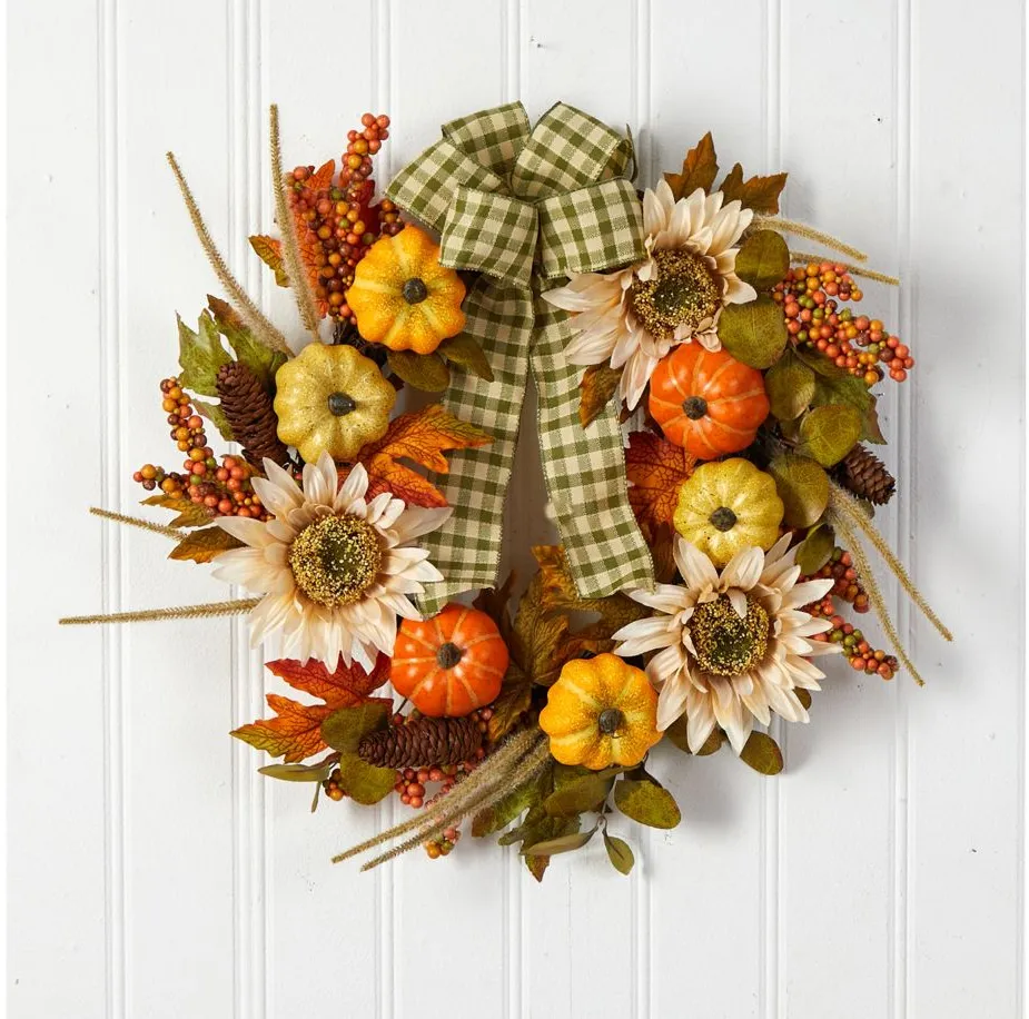 Crisp 24" Pumpkin and Sunflower Wreath in Orange by Bellanest